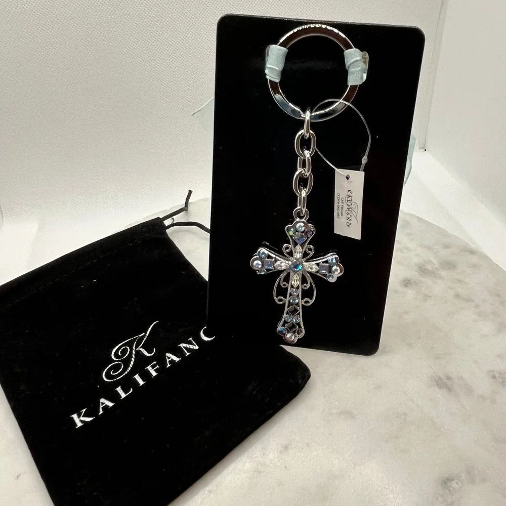 Kalifano Swarovski Cross Keychain Alexander Blue Crystal Filigree Gift Accessory